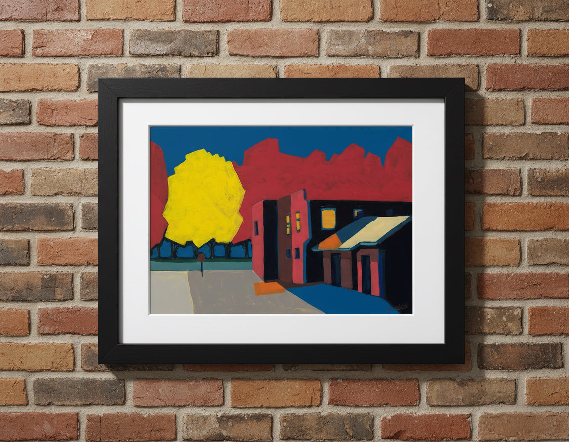 Abstract painting of a sun and buildings with bold colors