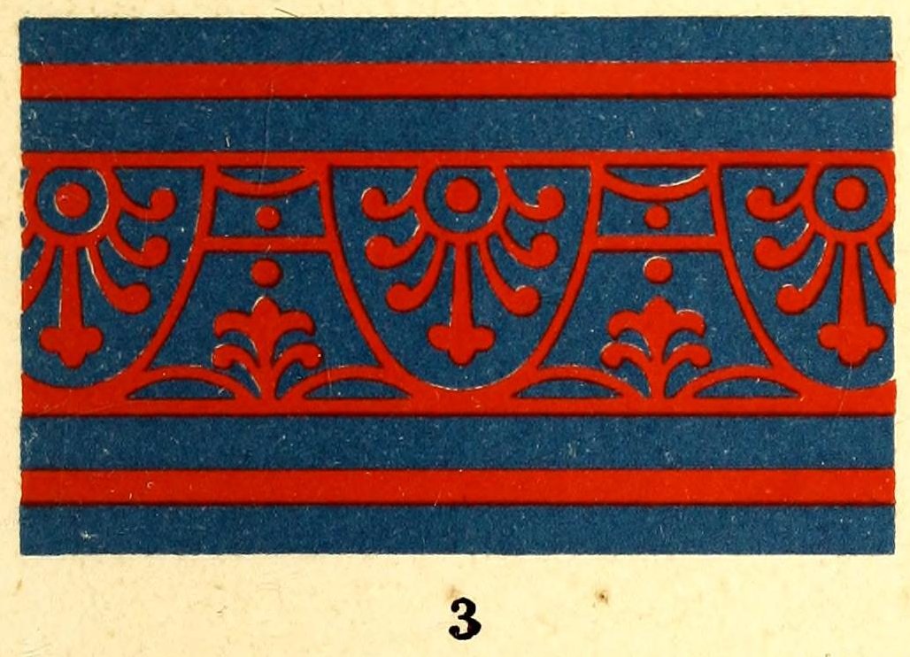 Fig. 3 of Bezold's 1876 Plate V: a band of red ornament, scrolls, palmettes and stripes, printed flat on a blue ground.