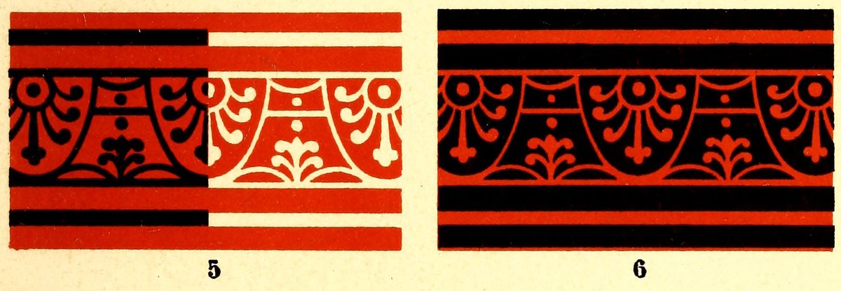 Figs. 5 and 6 of Bezold's 1876 Plate V: an ornamental band in one red with black ornament and stripes on its left half and white on its right; beside it, the pattern reversed: red ornament and thin red stripes on a black ground.
