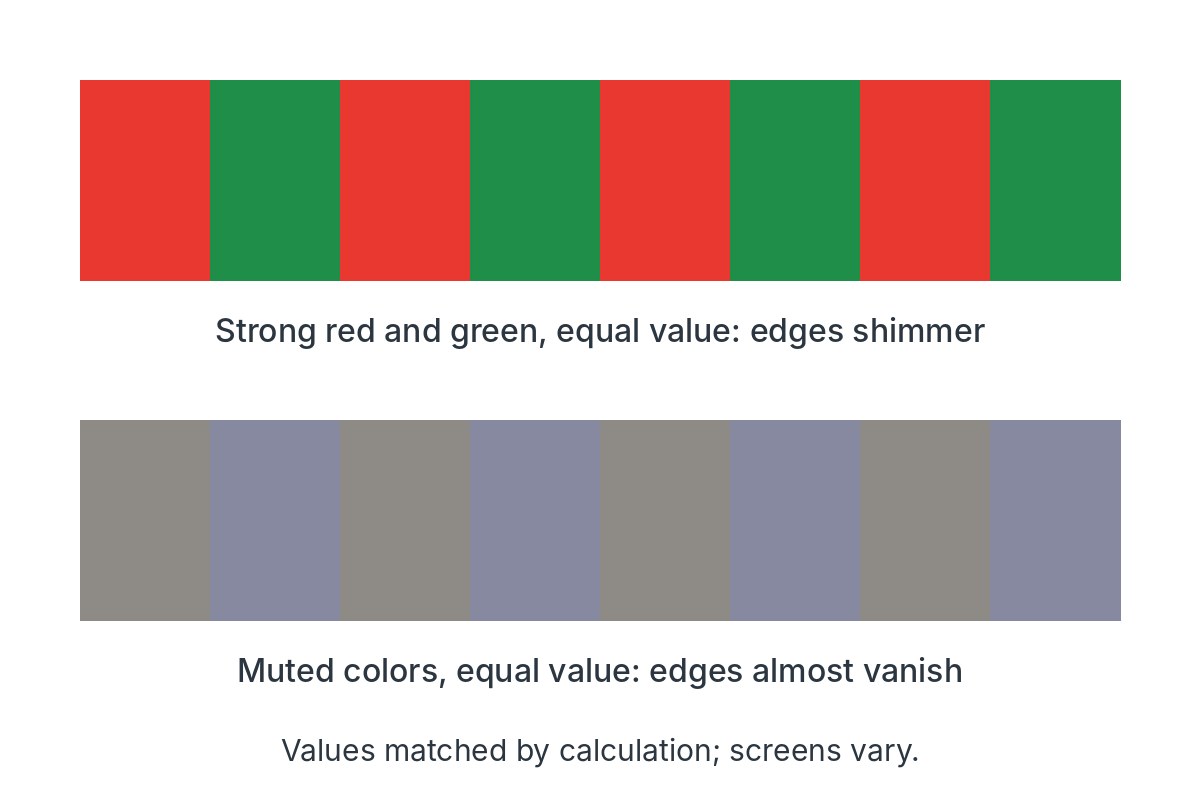 A strip of alternating red and green bars matched in lightness, above a strip of alternating warm gray and blue-gray bars also matched in lightness.