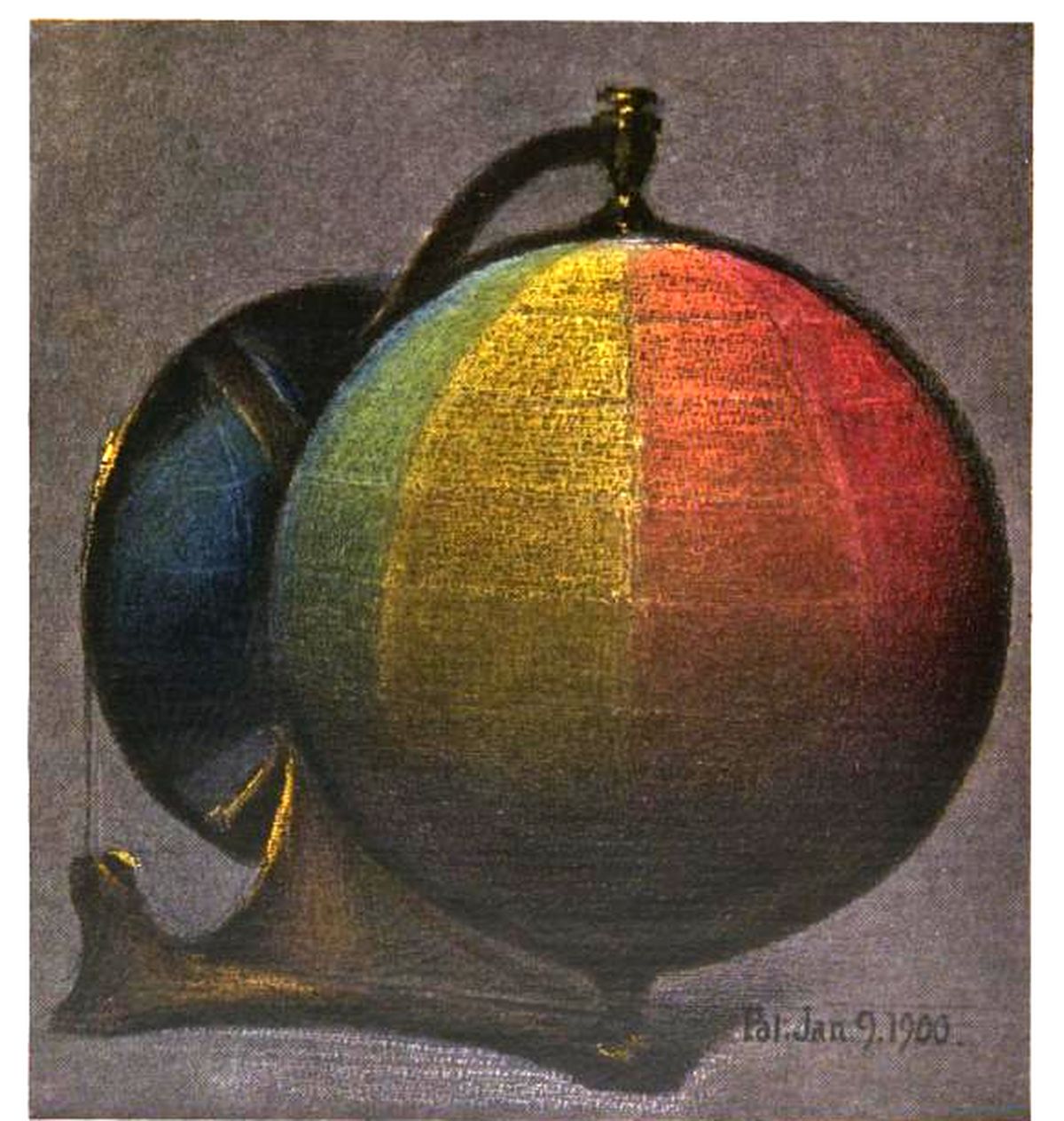 Pastel drawing of a color globe on a curved metal stand, with red, yellow and green bands, a darker blue-shaded form behind it, and the inscription Pat. Jan. 9. 1900.