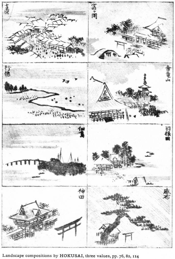 Page of eight small Japanese landscape scenes in ink by Hokusai: villages, a river, a bridge, temple roofs, a torii gate and pines, each built from white paper, gray tone and black.