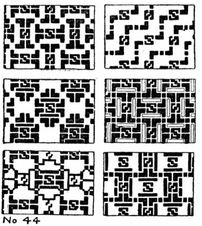 Six rectangular panels of black and white fret patterns by Dow, built from interlocking S, T and L shapes, where the black and the white areas are both designed shapes.