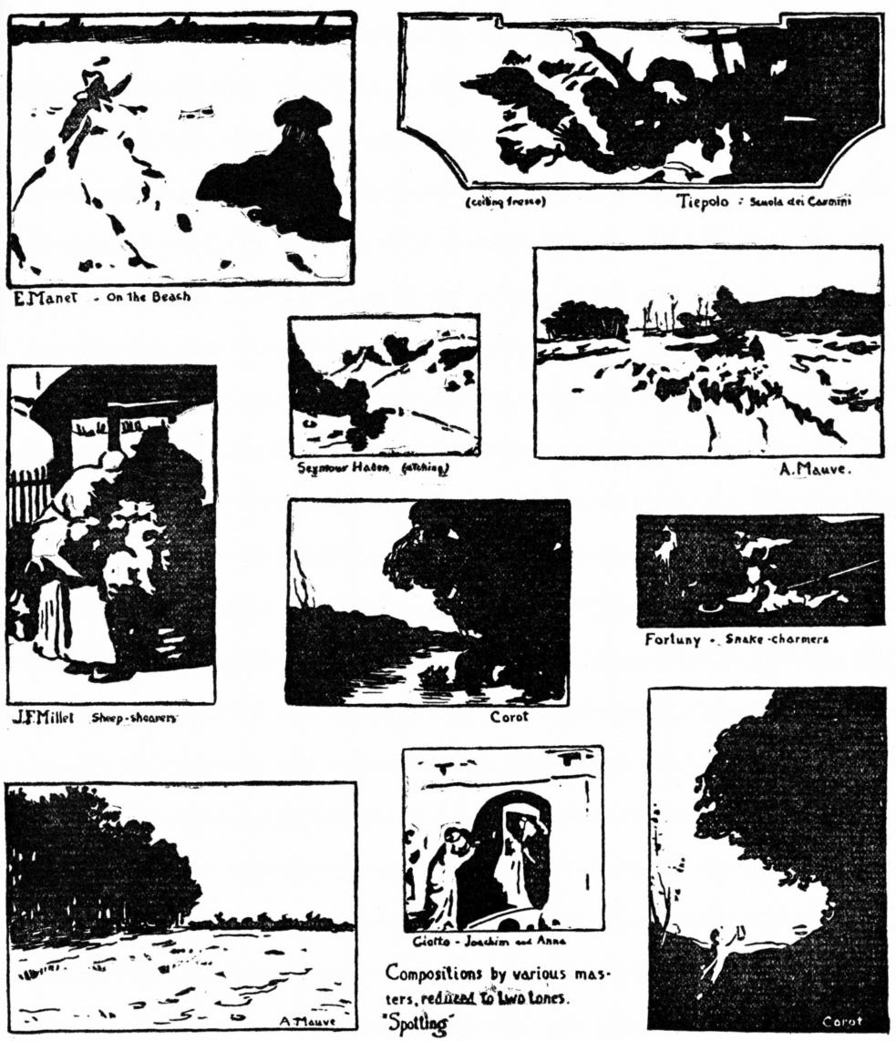 Dow's plate of ten small pictures by Manet, Tiepolo, Millet, Corot, Mauve, Fortuny, Giotto and Seymour Haden, each reduced to flat black shapes on white.