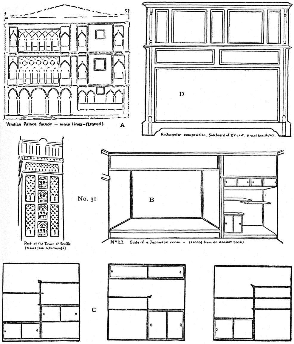 Dow's line tracings of a Venetian palace façade, part of the Tower of Seville, a 15th-century sideboard and the side of a Japanese room, with three Japanese shelf layouts below, each dividing a rectangle unequally.