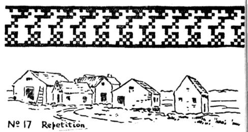 Dow's drawing No. 17: above, a border of one stepped black-and-white unit repeated at equal intervals; below, a row of farmhouse gables repeated at uneven intervals across a landscape.