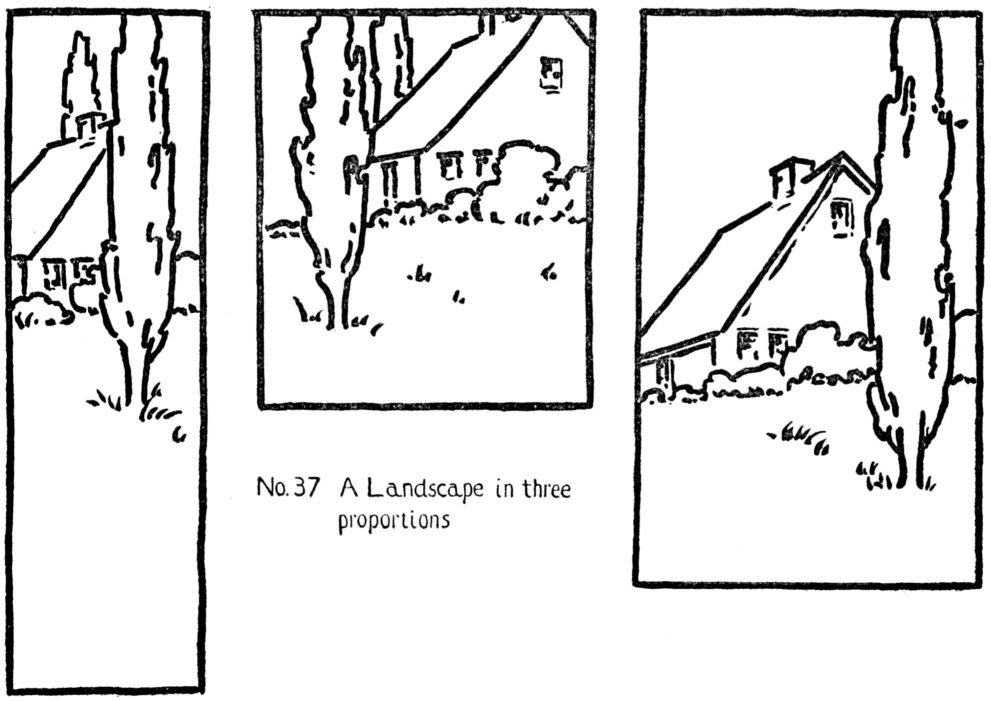 Dow's line drawing of the same house, tall tree and bushes in three frames: a tall narrow upright, a near-square, and a wider upright. In the tall frame the tree runs off the top edge, with empty ground below.