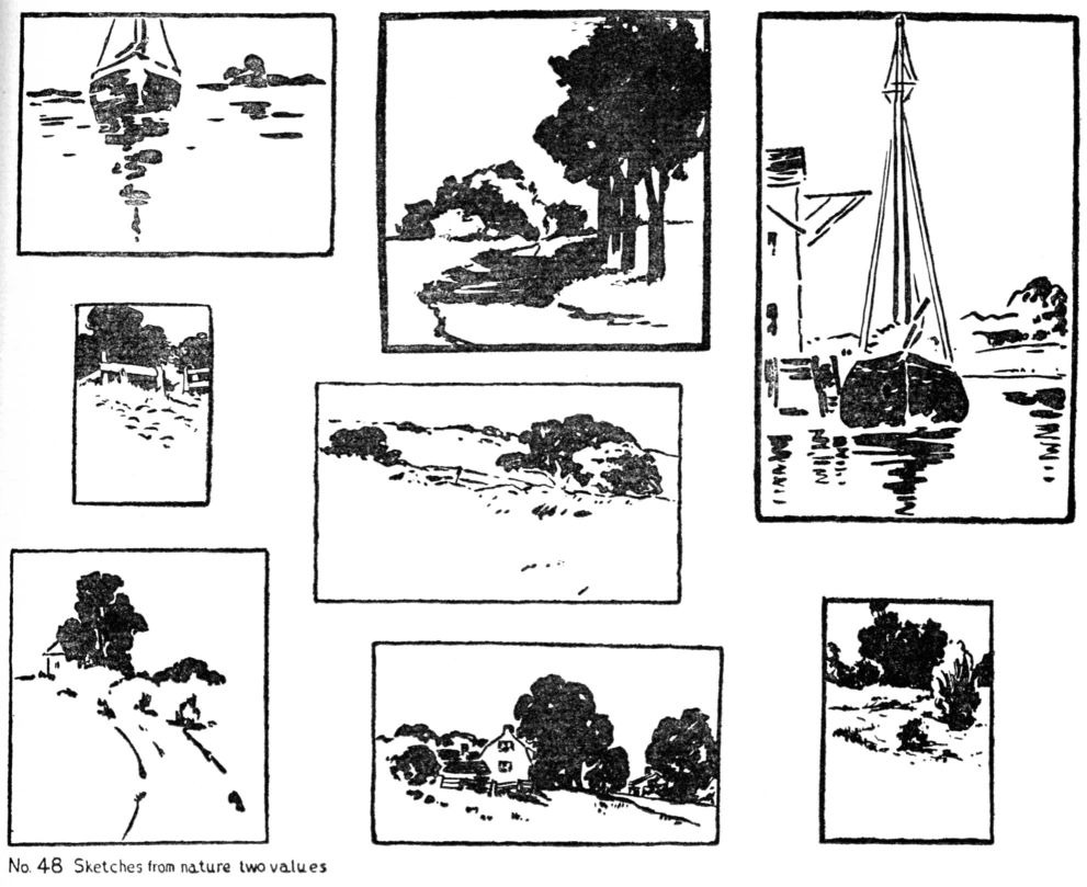 Dow's page of eight small brush sketches in black and white: a sailboat, trees by water, a road, a house among trees and a tall-masted ship, each a quick two-value study.