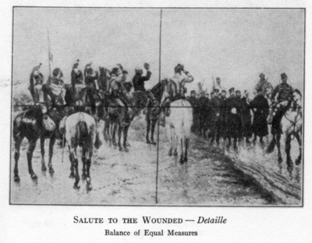 Poore's plate of Detaille's painting: mounted officers saluting at left, a column of soldiers on foot at right, with a vertical line drawn down the center between the two groups and a fainter horizontal line across it.