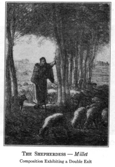 Poore's plate after Millet: a shepherdess resting a hand on a tree in a row of trees, a dog at left, sheep at lower right, and an open way out of the picture on each side of the trees.