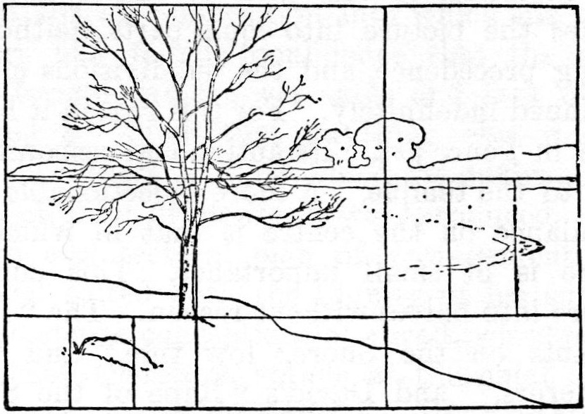 Poore's line drawing of a bare tree and a sloping landscape inside a frame divided by an unequal grid, with the tree off-center on one of the dividing lines.