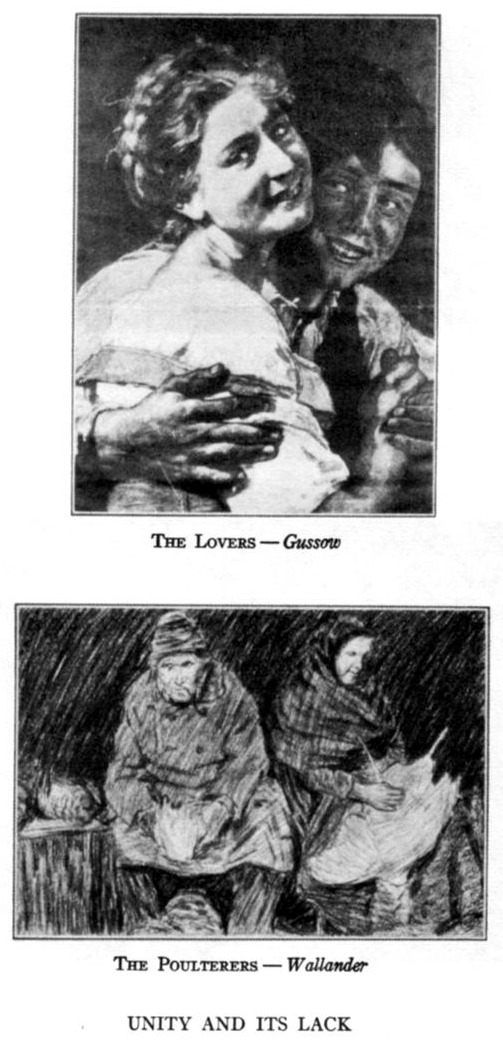 Poore's plate of two pictures: above, two young people in one tight embrace, a single group; below, two seated figures side by side, each busy with a bird, the picture split into two halves.