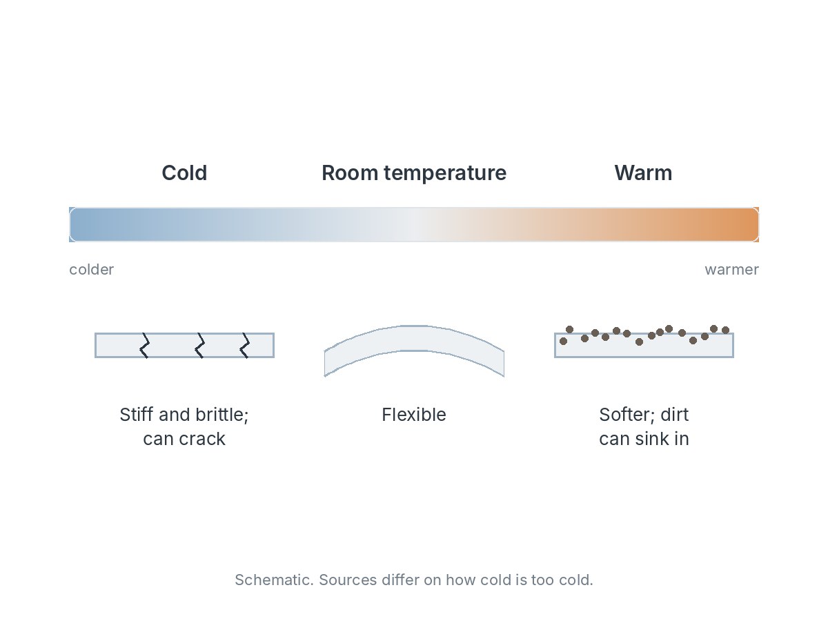 Temperature bar from cold to warm with an acrylic film at each point: stiff, brittle and cracking when cold; flexible at room temperature; softer when warm, with dirt sinking into the surface.