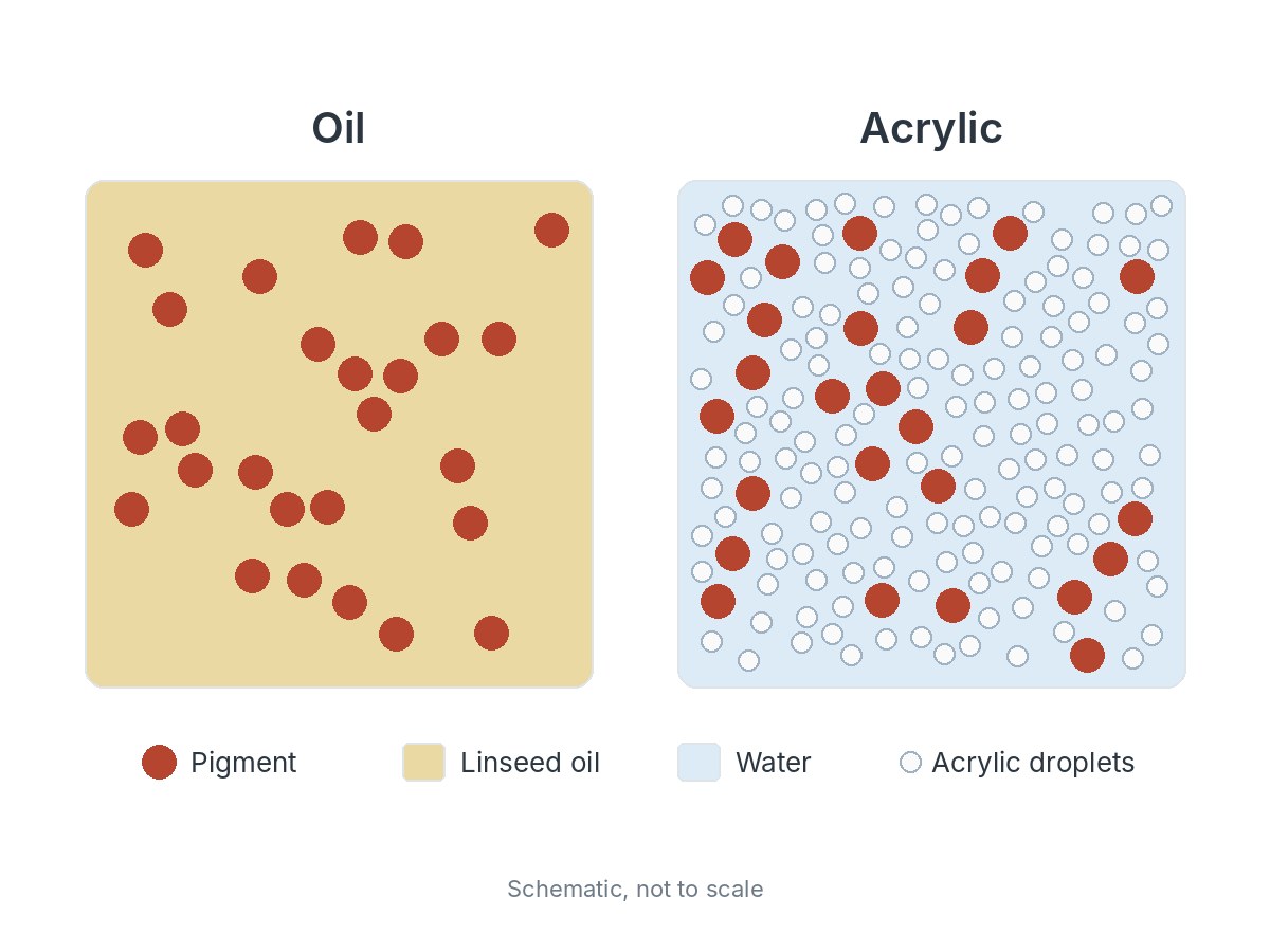 Two boxes side by side: oil shows red pigment particles spread through yellow linseed oil; acrylic shows the same pigment among many tiny white acrylic droplets floating in water.
