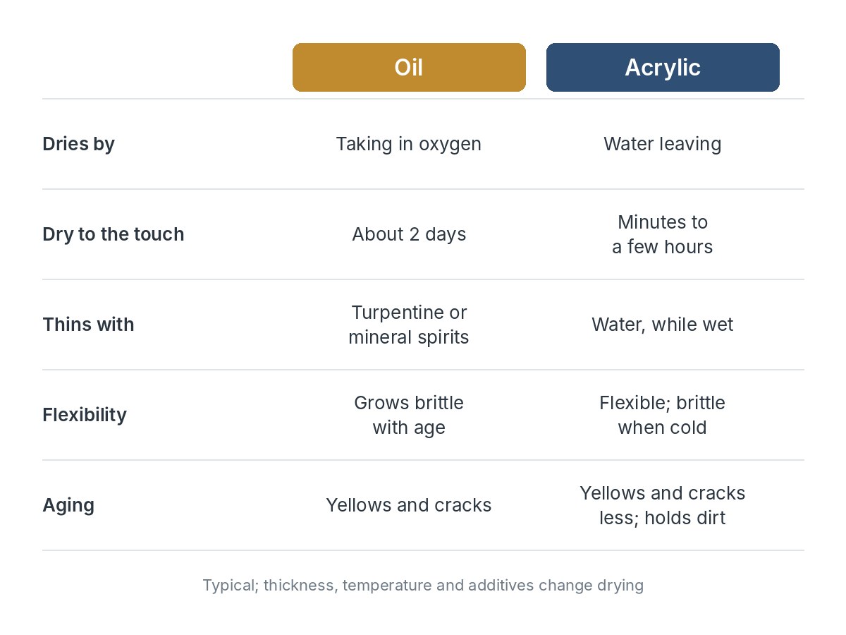 Chart comparing oil and acrylic: oil dries by taking in oxygen and is dry to the touch in about 2 days, thins with turpentine or mineral spirits, grows brittle with age, and yellows and cracks; acrylic dries as water leaves, is dry to the touch in minutes to a few hours, thins with water while wet, is flexible but brittle when cold, and yellows and cracks less but holds dirt.