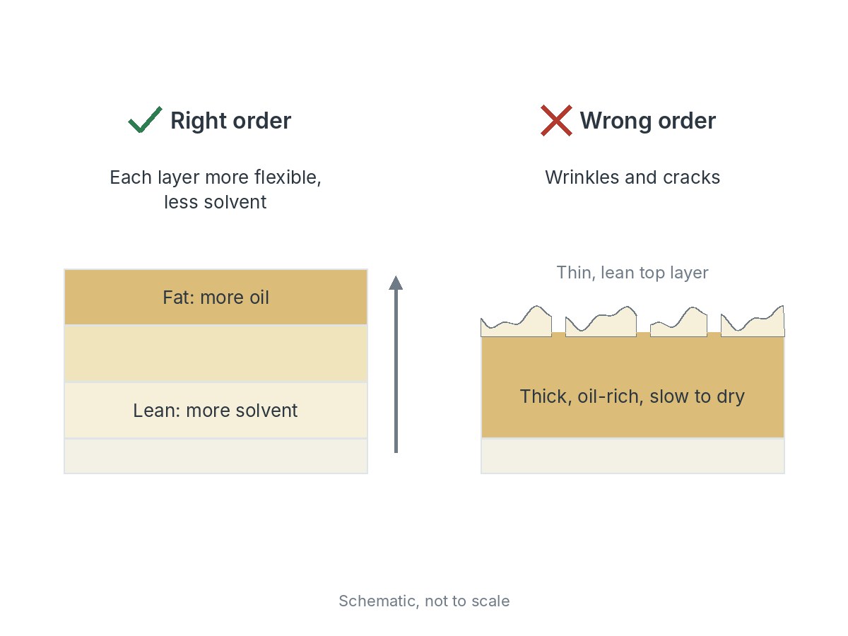 Two layer stacks. Right order: lean layers with more solvent at the bottom, fat layers with more oil on top, each layer more flexible. Wrong order: a thin lean top layer over thick, oil-rich, slow-drying paint has wrinkled and cracked.