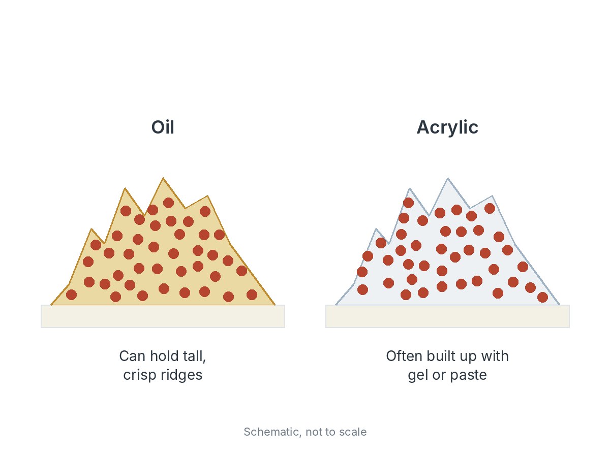 Cross-sections of two thick raised strokes on a ground: oil can hold tall, crisp ridges; acrylic is often built up with gel or paste.