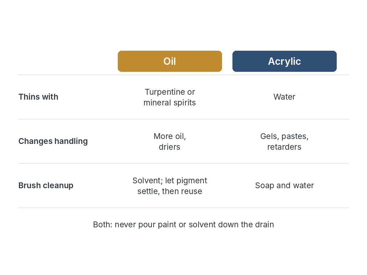 Chart comparing oil and acrylic: oil thins with turpentine or mineral spirits, acrylic with water; oil handling changes with more oil and driers, acrylic with gels, pastes and retarders; oil brushes clean in solvent that is reused once pigment settles, acrylic in soap and water; never pour either down the drain.
