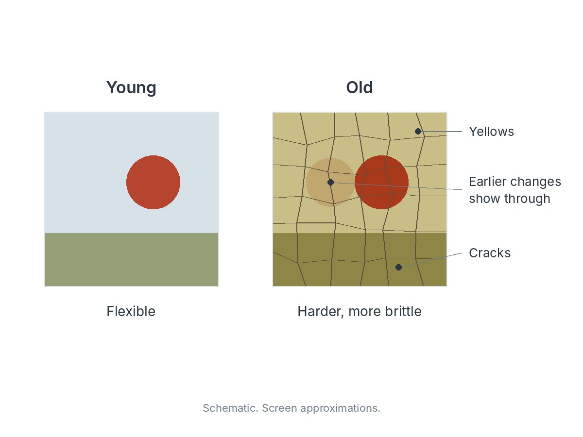 The same simple painting young and old: the old one has yellowed, is crossed by a network of cracks, and shows an earlier painted-out circle through the paint; young oil is flexible, old oil harder and more brittle.