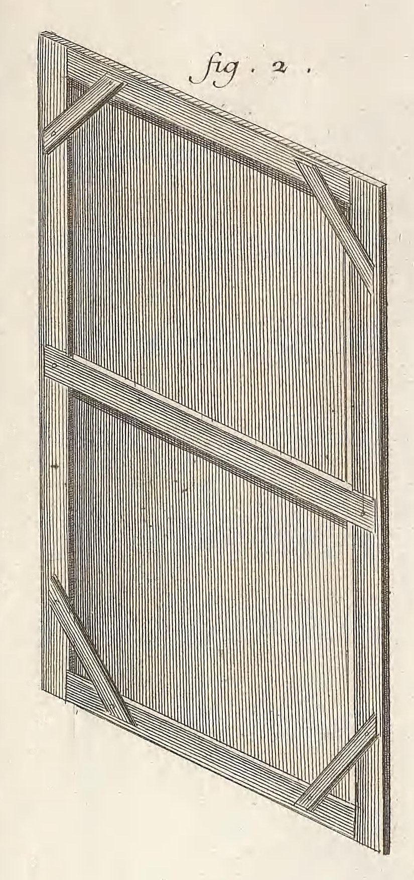 Engraving of a canvas stretched on a wooden frame, seen from the back at an angle: four bars form the frame, a crossbar runs across the middle, and short diagonal braces are pegged across each corner. Labeled fig. 2.
