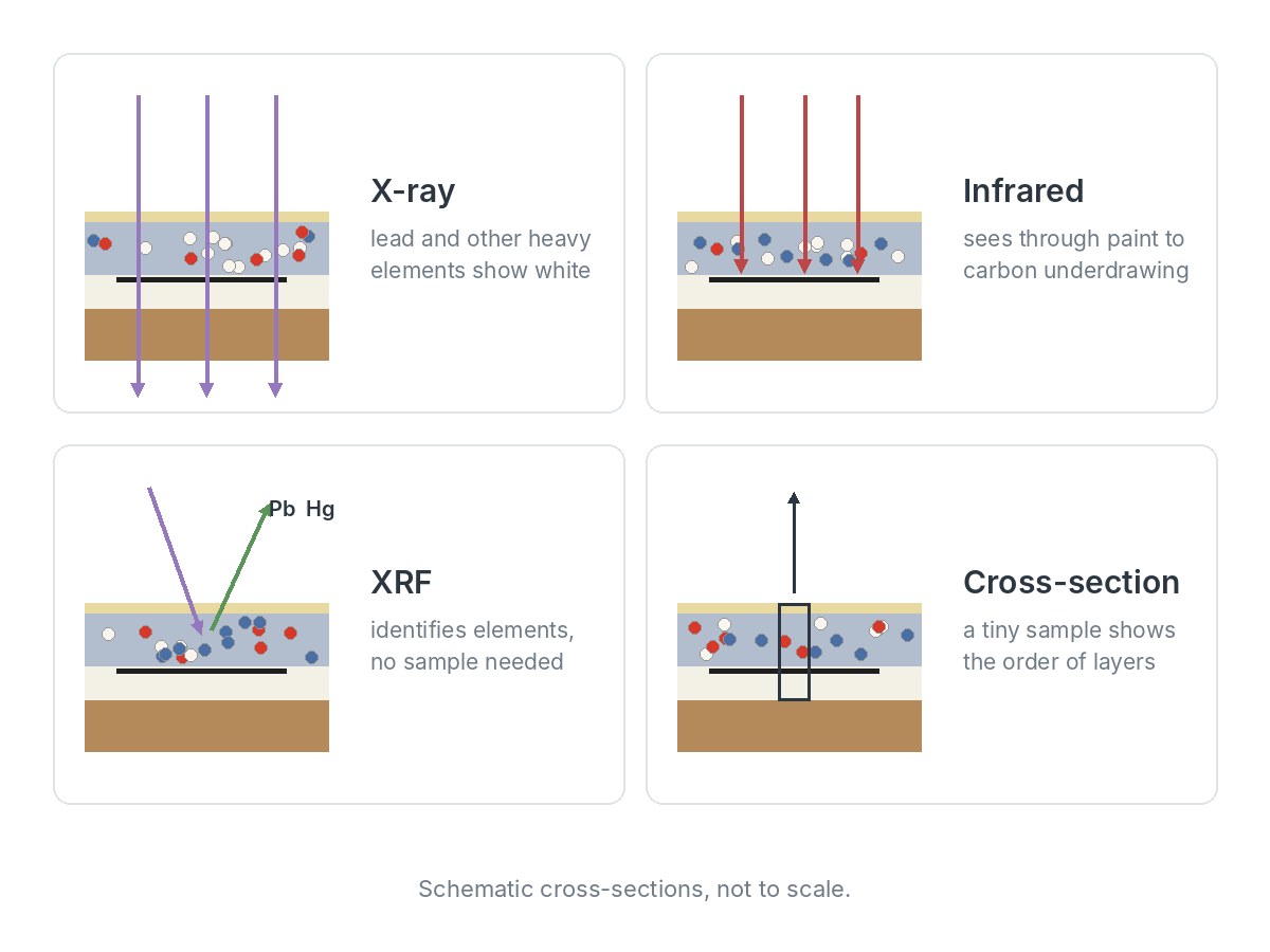 Four panels, each with a small paint cross-section: X-rays pass through and lead shows white; infrared passes through paint to carbon underdrawing; X-ray fluorescence (XRF) identifies elements such as lead and mercury without a sample; a cross-section sample shows the order of layers.