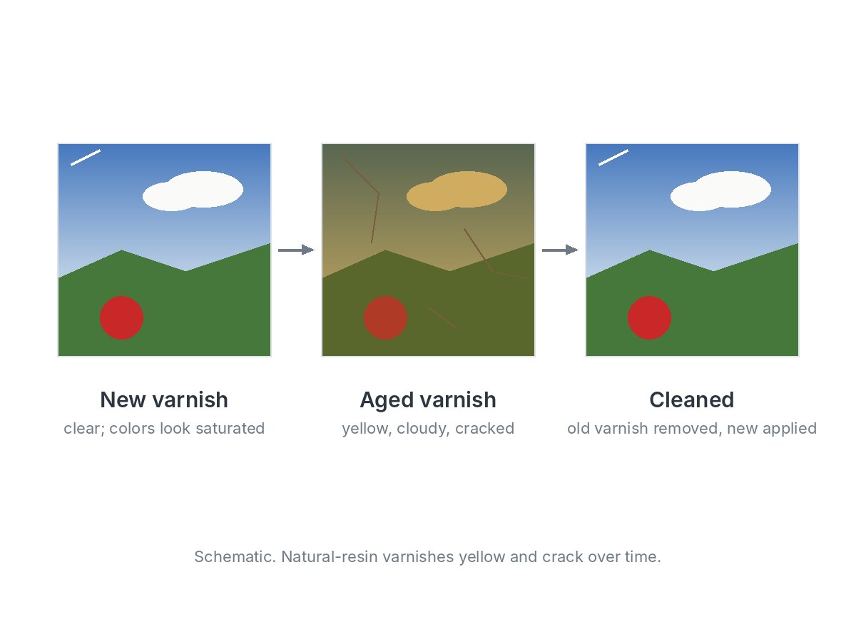 The same simple landscape three times: under new clear varnish, under aged varnish that is yellow, cloudy and cracked, and after cleaning with the old varnish removed and new varnish applied.
