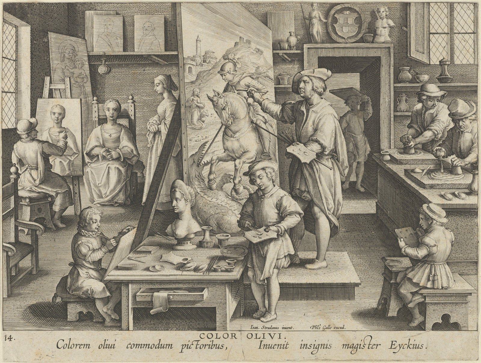 Engraving of a busy painter's studio. At center a master on a low platform paints Saint George and the dragon on a large panel, palette and brushes in hand. At right two assistants grind colors on stone slabs. Around them a painter works on a portrait of a seated woman, apprentices draw, and a boy holds a palette. A Latin caption below credits "Eyckius" with inventing oil color.