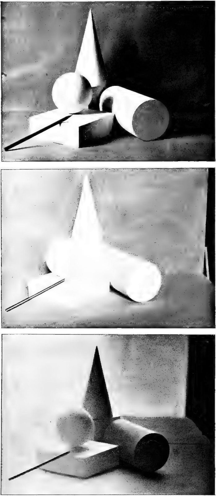 Three photographs of the same white cone, sphere, cylinder and block: lit from the side at top, from behind the camera in the middle, and from in front of the camera at bottom.