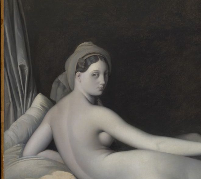 Detail of a reclining woman painted almost entirely in grays, her back and turbaned head turned toward the viewer against a dark wall.