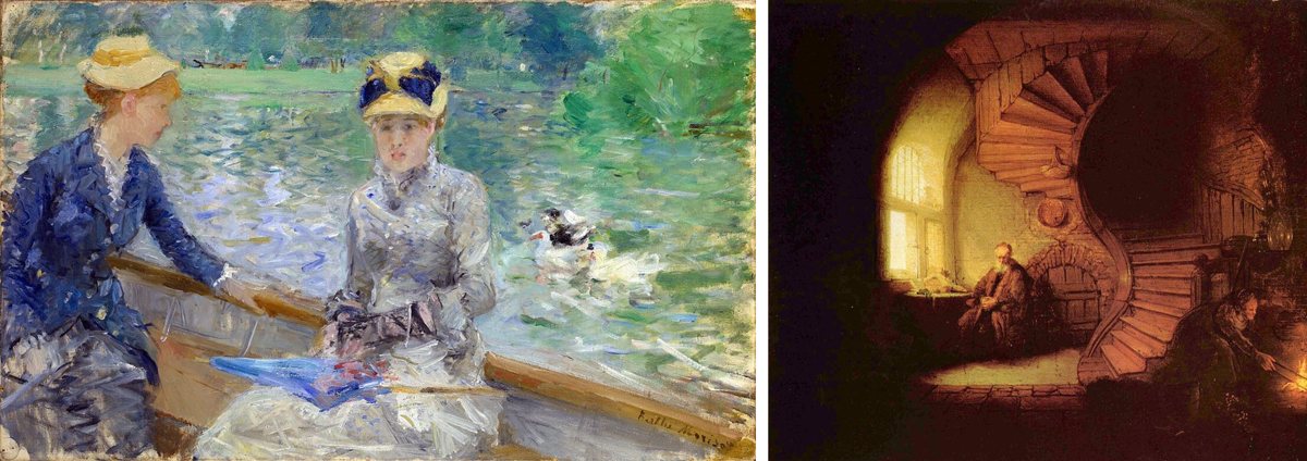 Two paintings side by side: at left, a pale, light-filled boating scene; at right, a small dark interior where a window and a hearth make the only lights.