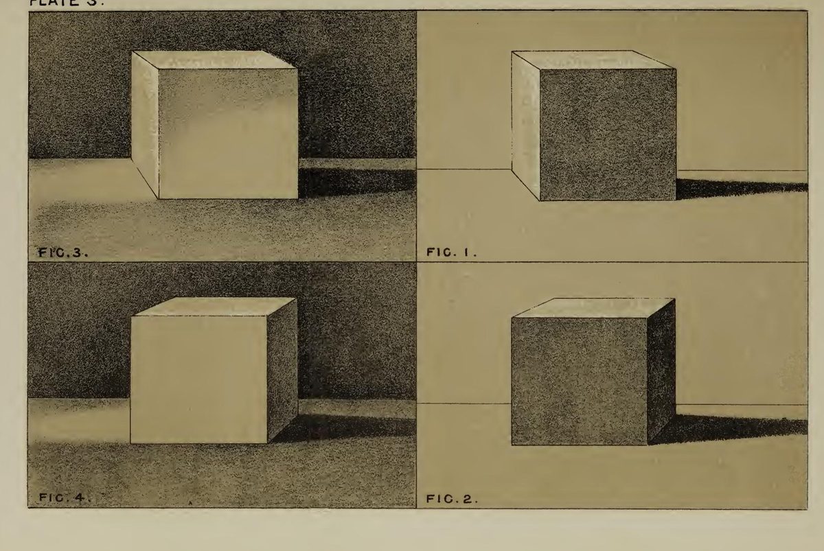 Merrifield's plate of four cubes lit from the left, each casting a shadow to the right, against a light or dark background.