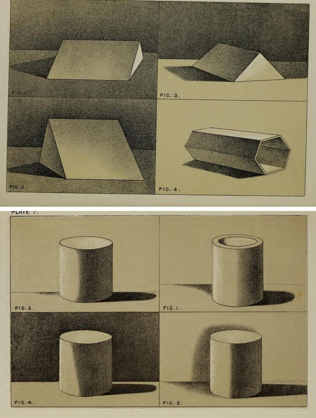 Two Merrifield plates stacked: above, prisms whose flat faces each keep a narrow range of tone, with sharp changes at the corners; below, cylinders that shade gradually from light to dark.