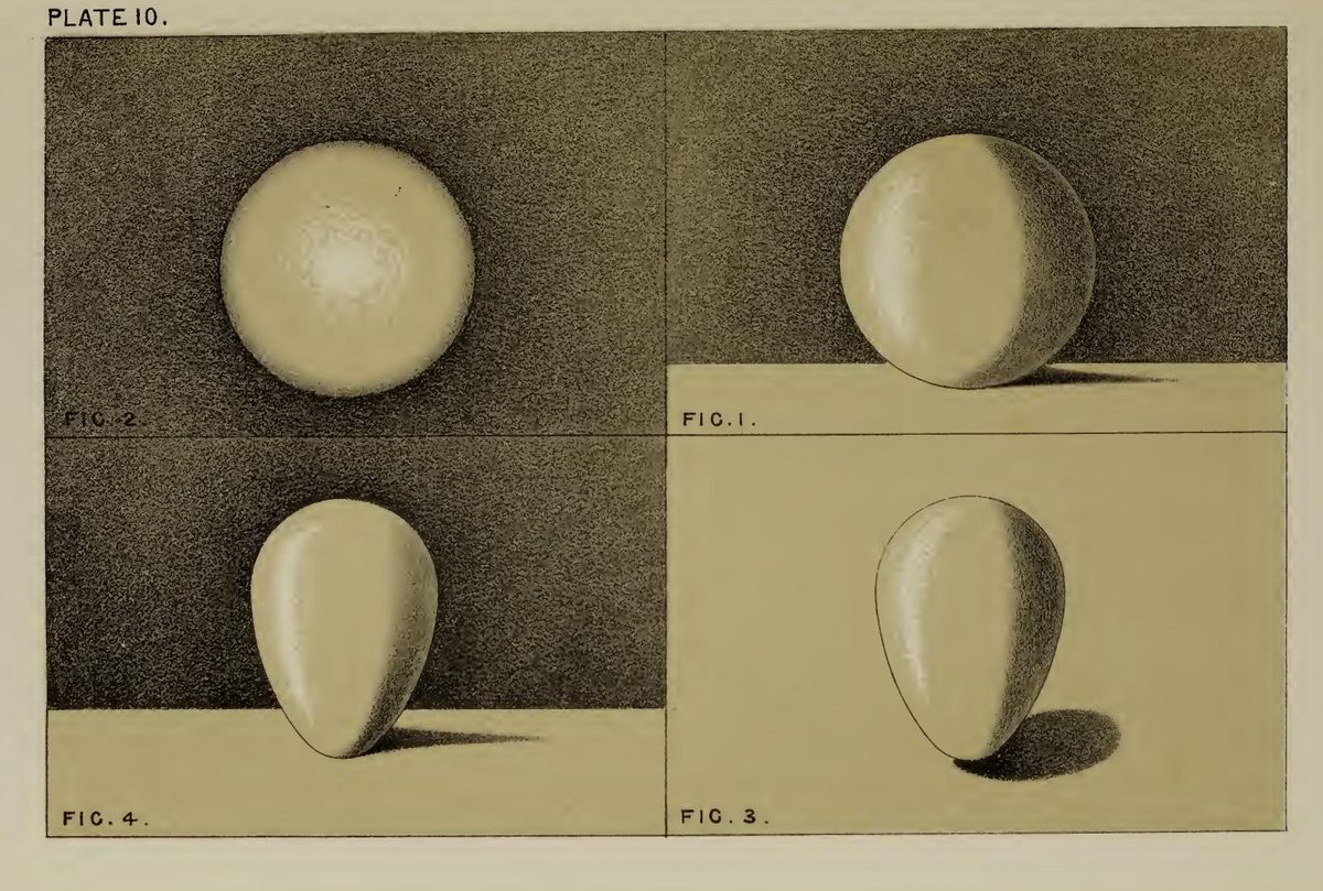 Merrifield's plate of spheres and egg shapes against light and dark backgrounds; on those lit from the side, the shadow side lightens slightly near its outer edge.