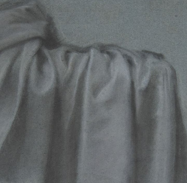 Detail of a chalk drawing of hanging cloth on blue paper: black chalk in the folds, white chalk on the ridges, and the blue of the paper showing through the grays between.